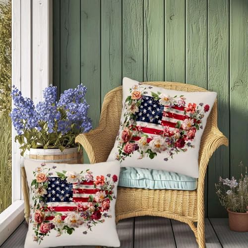 Floral Flag Fusion Throw Pillow Covers 18x18 (Set of 2) - Vintage American Design