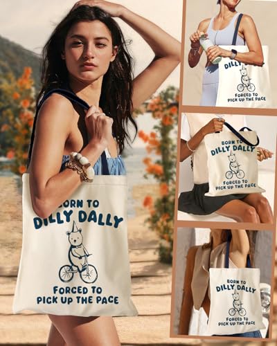 Miss Adola Aesthetic Canvas Tote Bag - Cycling Bear Print Shoulder Bag