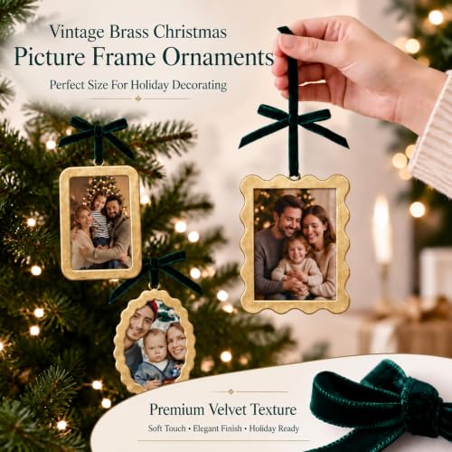 Fumete Vintage Brass Christmas Picture Frame Ornaments Set - 9 Pieces, 2.5 x 3.5 Inch, Gold