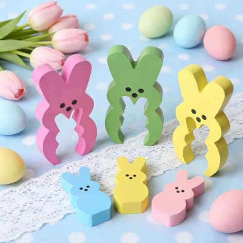 DAHI 6pcs Wooden Easter Bunny Table Decorations Nesting Rabbit Figurines Set