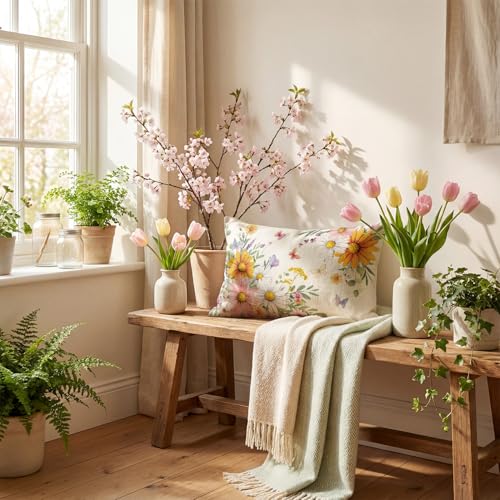 Spring Daisy Throw Pillow Cover - 12x20 Inch Butterfly Floral
