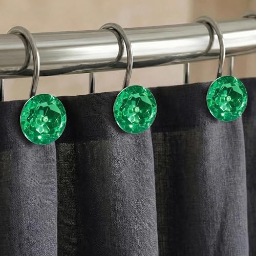 Sparkly Green Rhinestone Shower Curtain Hooks - 12Pcs