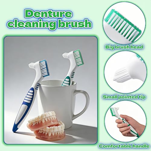 Denture Brush 2-Pack Dual Head Cleaner with Angled Bristles and Non-Slip Handle