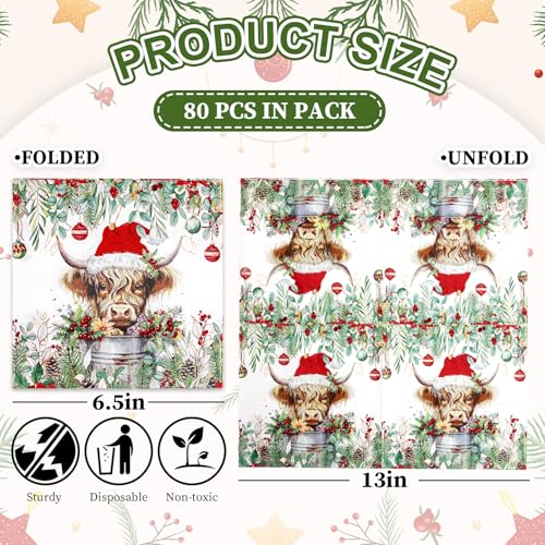Christmas Highland Cow Paper Napkins - Disposable Holiday Party Decor 80 pcs