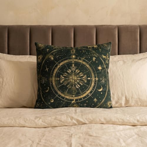 Dark Green Celestial Velvet Pillow Cover 18x18, Boho Sun Moon Astrology Print