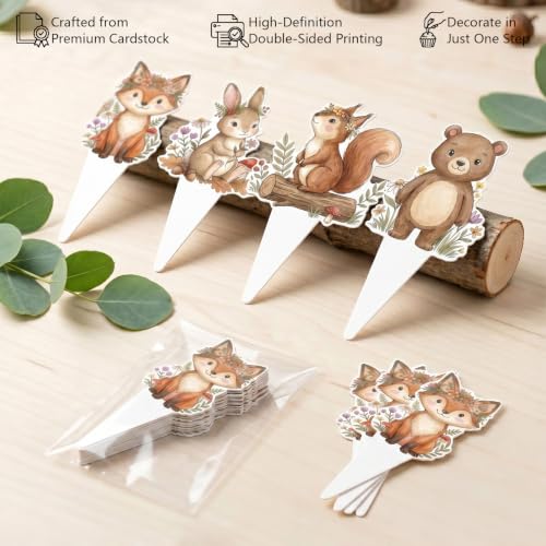 Woodland Baby Shower Cupcake Toppers 36 Pieces, Forest Animal Decor, Pre-Assembled