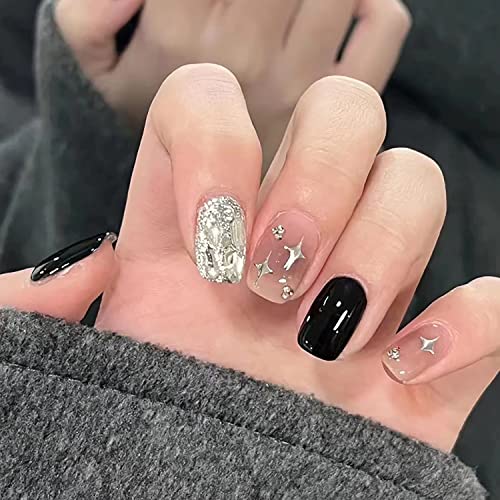 Onsdag Short Square Press on Nails with Rhinestones & Glitter Charm (24 Pcs)