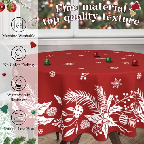 Christmas Round Tablecloth 60 Inch Red Floral Leaf Winter Holiday Decor