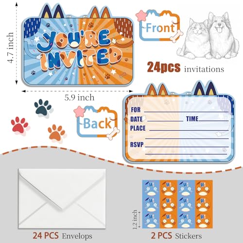 24-Pack Cartoon Dog Birthday Party Invitations with Envelopes & Stickers