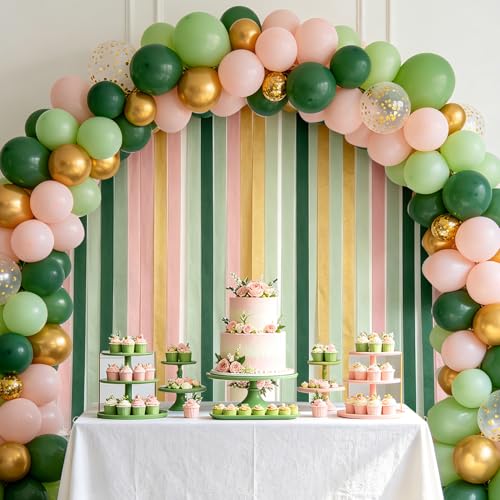 8 Rolls Sage Green Crepe Paper Streamers for Party Decorations, Boho Wedding & Baby Shower, Gold & Pink Variants