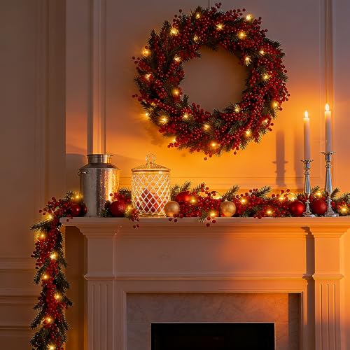 2 Pack 8.9ft Christmas Red Berry Garland with String Lights - Holiday Decor