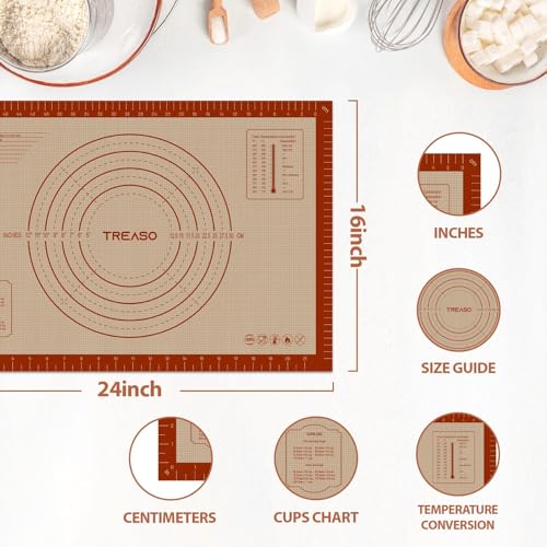 TREASO 24" x 16" Silicone Pastry Mat - Double Thickness Baking & Rolling Mat