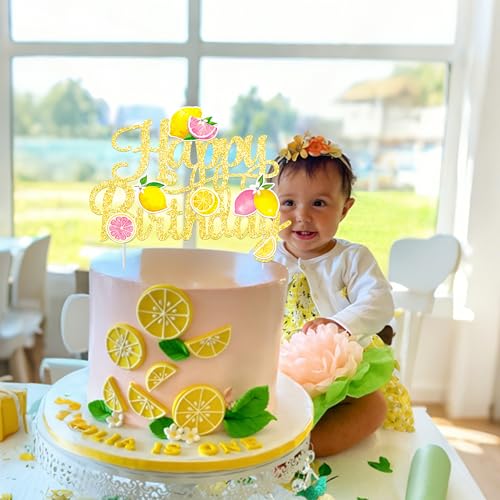 Glitter Lemon Happy Birthday Cake Topper - Summer Fruit Party Decoration