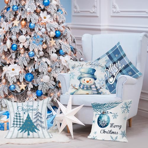 Blue Christmas Pillow Covers Set of 4 - Snowman & Tree Designs
