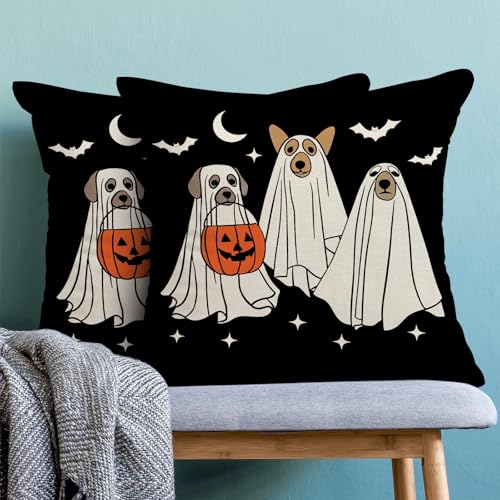 Halloween Pillow Covers 20x20 Set of 2 - Cute Dog Ghost & Pumpkin