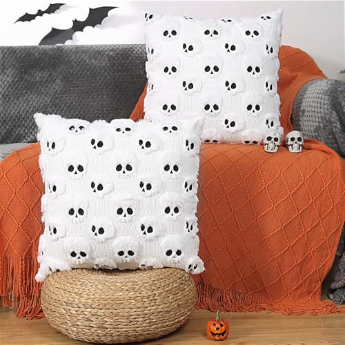 Skull Halloween Throw Pillow Covers 18x18, Set of 2 Plush Black Decor