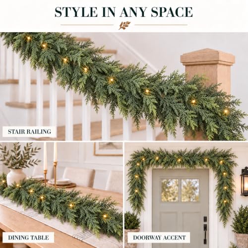9 FT Lighted Cedar Garland with Warm White LEDs - Real Touch Artificial Greenery for Holiday Decor