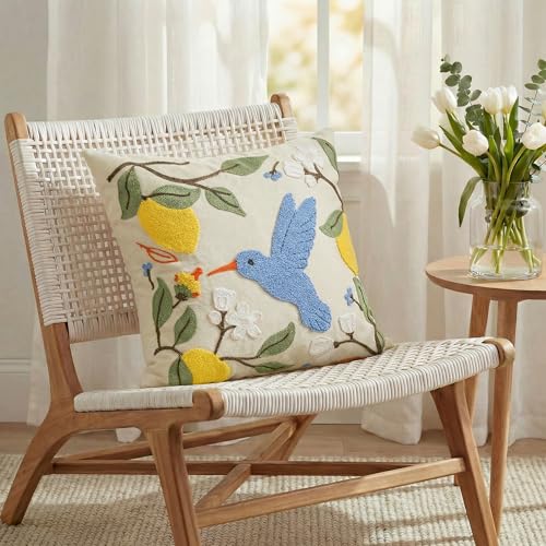 AVOIN colorlife Floral Lemon Hummingbird Embroidered Pillow Cover 18x18