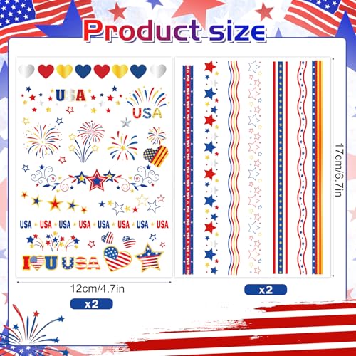 HOWAF 4th of July Patriotic Temporary Tattoos - Red White Blue Face & Body Decals