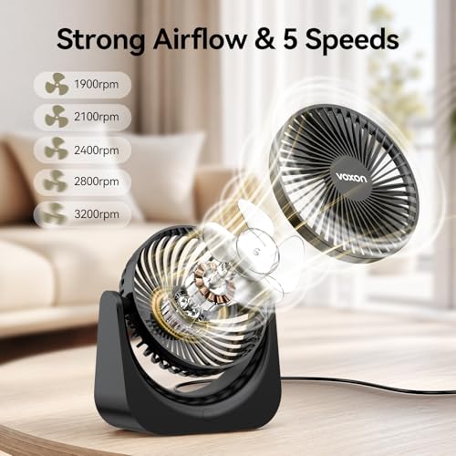 VOXON 5.5-Inch USB Desk Fan - 5 Speed Quiet Cooling, Adjustable Angle