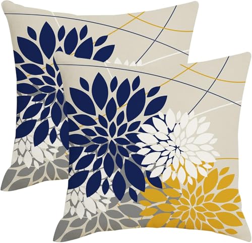 Navy Blue and Yellow Dahlia Floral Throw Pillow Covers - 18x18, Set of 2