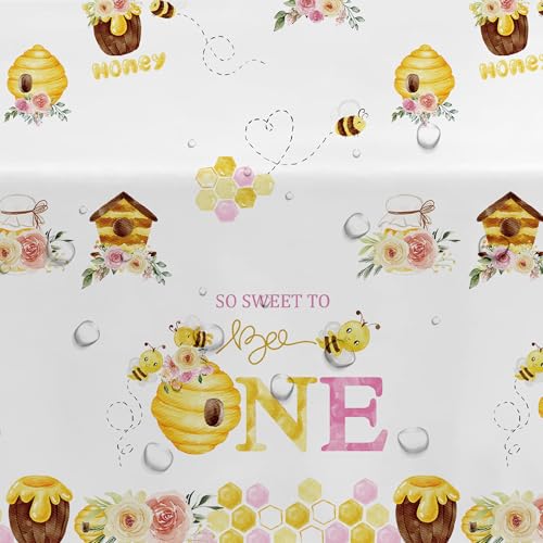 Bee 1st Birthday Party Tablecloth - Pink & Yellow Disposable Covers, 3 Pack