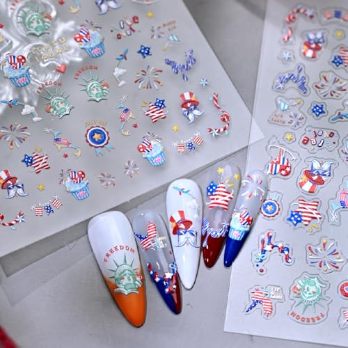 Quezadyl 3 Sheets 5D Independence Day Nail Stickers American Flag Decals