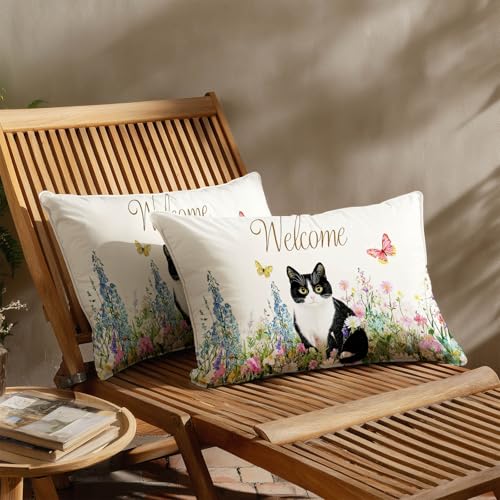HOMETITUTE Cat Floral Satin Pillow Covers - 12x20 Inch Pack of 2