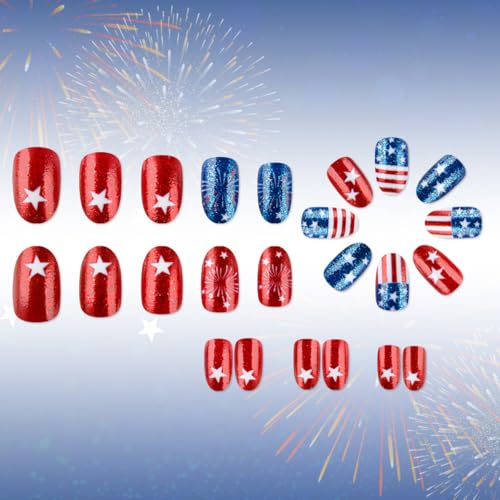 BYJKYEN 4th of July Press on Nails Short Almond Patriotic Fake Nails