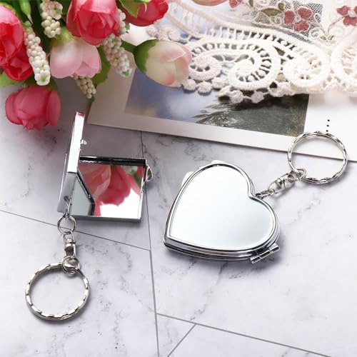 Heart Shaped Compact Mirror with Keychain Portable Folding Metal Pocket Mirror