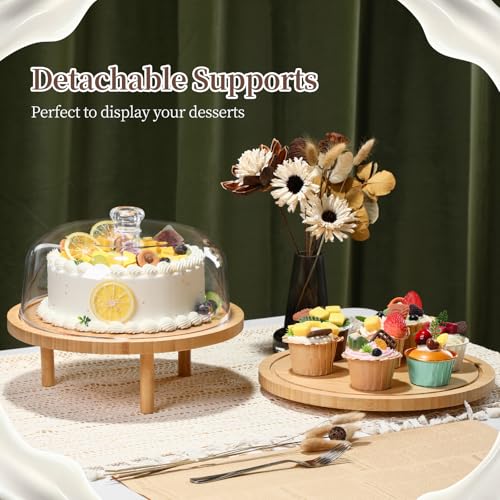 Ohuhu Cake Stand with Lid, Bamboo 2-in-1 Cake Turntable Cake Holder Plate Serving Platter with Acrylic Dome Three Detachable Supports for Birthday Kitchen Party Baking Decorative Mothers Day Gifts