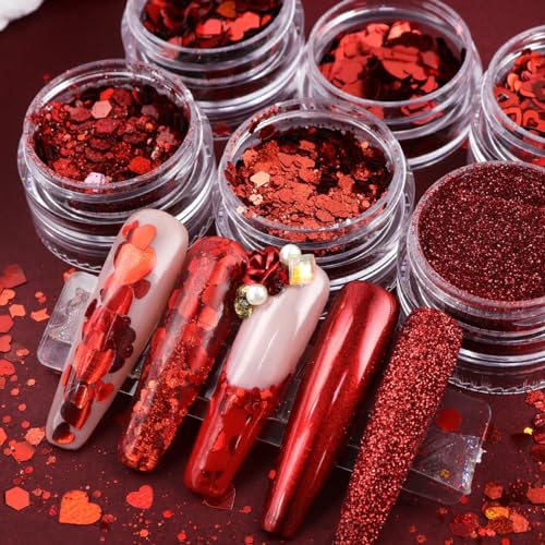 Red Holographic Heart Nail Art Glitter Sequins 6-Box Kit