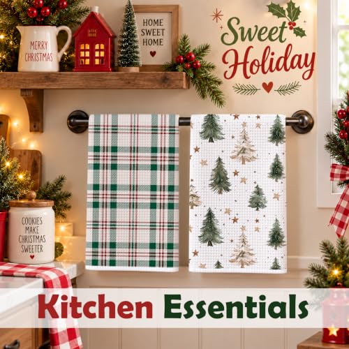 Retro Tree Snowman Hand Towels - Buffalo Plaid Christmas Kitchen Towels - Set of 2