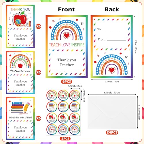 24PCS Boho Thank You Teacher Cards with Envelopes - 4 Designs