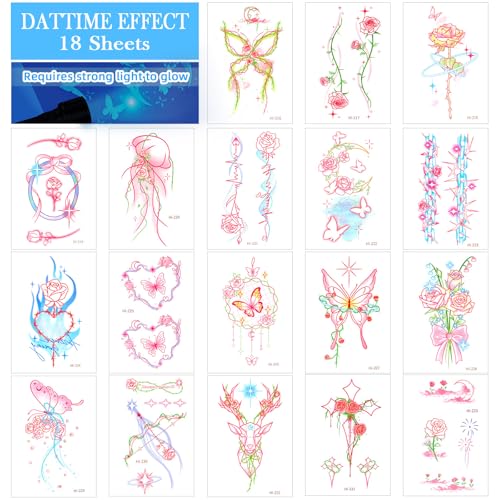 Konsait Glow in the Dark Temporary Tattoos 18 Sheets Flower Butterfly