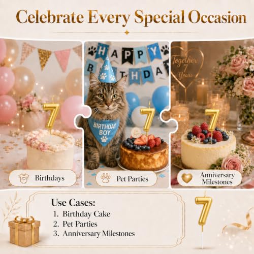 CARGEN Gold Number 7 Birthday Candle - 3D Chubby Cake Topper for Mini Cakes