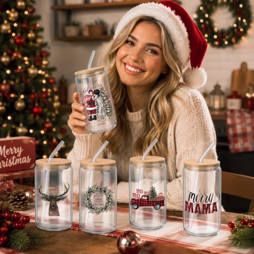 Christmas Glass Tumblers with Lids & Straws - Buffalo Plaid Truck Variation, 16 oz