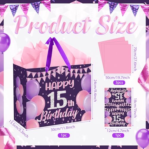 Happy 15th Birthday Gift Bag Set for Girls - Purple & Pink