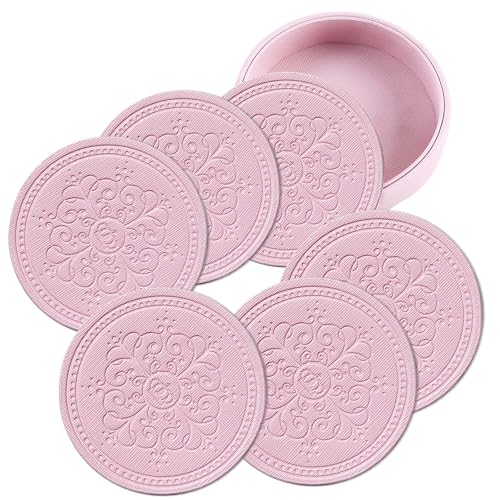 Pink PU Leather Coasters Set of 6 with Holder - Water Resistant Round Pads