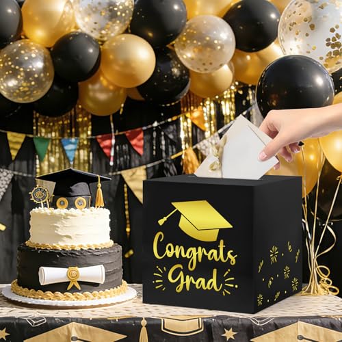 Graduation Card Box 9.1" - Black Gold Money Holder for Class of 2026