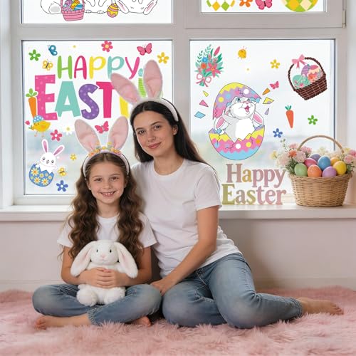 AFRITEE Easter Window Clings - 9 Sheets Cute Bunny & Floral Glass Stickers
