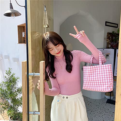 Joyhey Pink Plaid Canvas Tote Bag - Small 7.9" x 12.6" Grocery Beach Bag