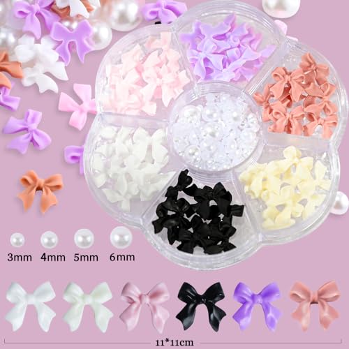 Qdsuh 3D Acrylic Bow Nail Charms with Pearls in 6 Colors for DIY Manicure