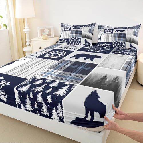 Kids Queen Size Bedding Set - Deer Bear Wolf Hunting Adventure Geometric Plaid Blue Christmas 4pcs