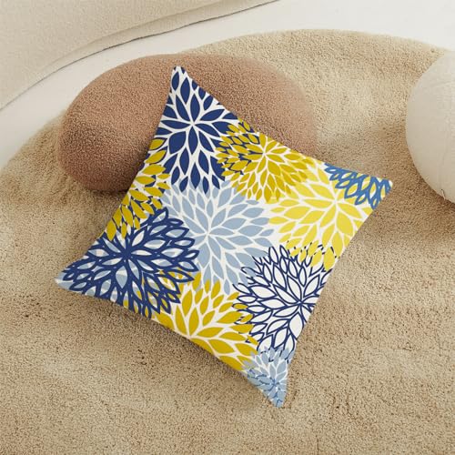 AWJTNCQ Dahlia 18x18 Inch Set of 2 Spring Floral Pillow Covers - Yellow & Blue Geometric Farmhouse Linen Outdoor Decor