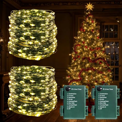 200 LED Battery Operated Christmas String Lights 8 Modes Warm White - Green Wire - 2 Pack