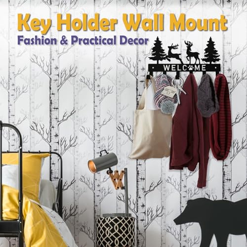Black Metal Deer Tree Key Holder with 6 Hooks - Wall Mount Organizer
