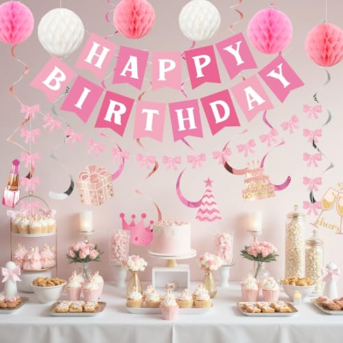 Ouddy Life Pink & White Birthday Decorations Set - Banner & Honeycomb Balls