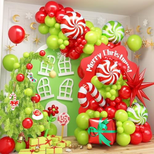 Christmas Balloon Arch Kit with Red, Lime Green & Star Variations – 130pcs Party Decor