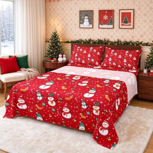 Christmas Snowman and Deer Bed Sheet Set - Queen, Multi 32 / Queen, Kids & Teens Holiday Bedding